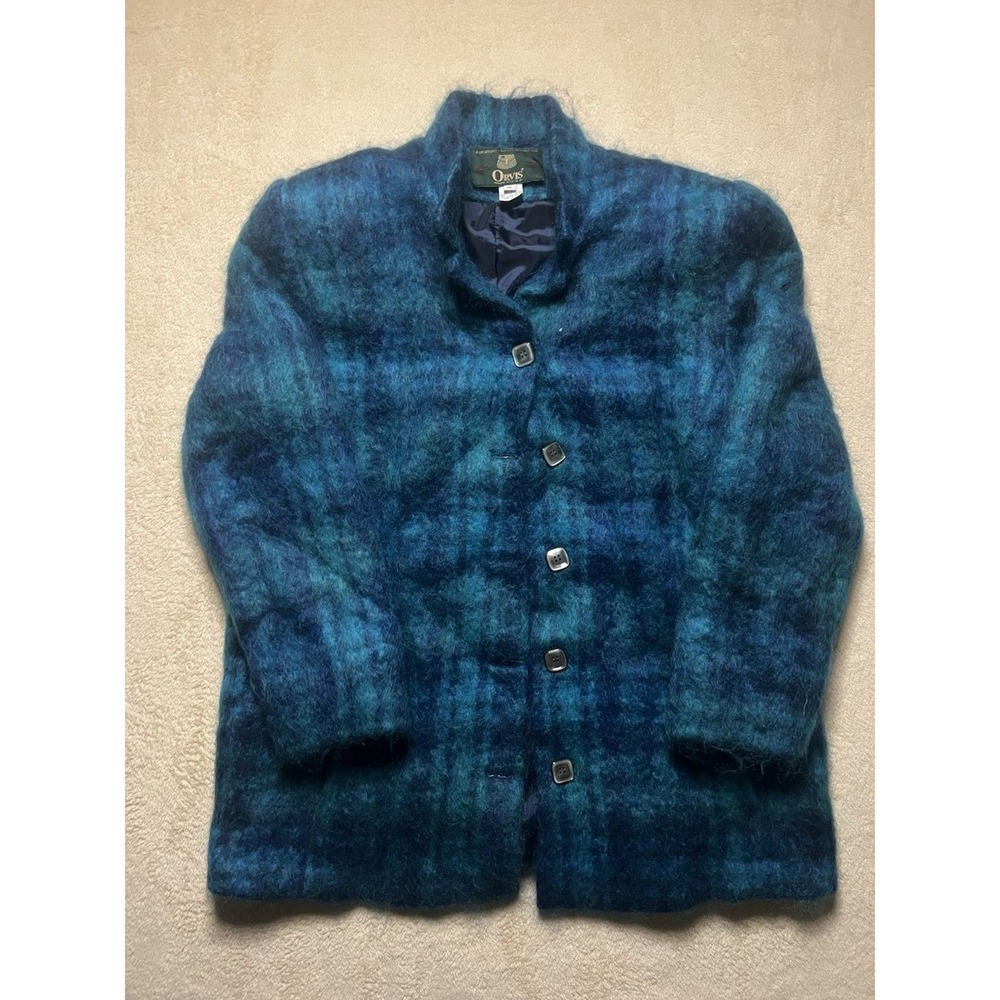 Vintage 80s Orvis Mohair Sweater USA Made Size XL Blue/Green Plaid Preppy